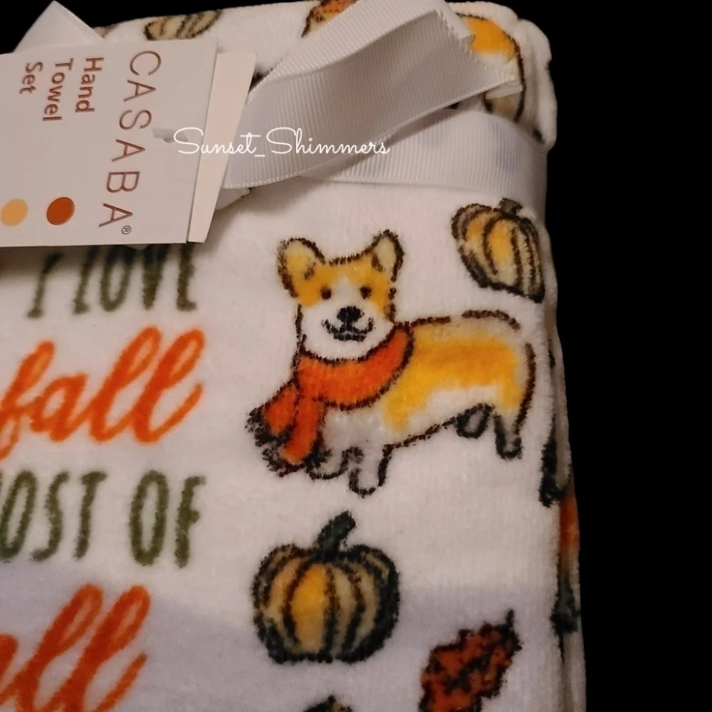 2PC Halloween Fall CORGI DACHSHUND BULLDOG RETRIEVER Pumkin Leaf Hand Towels New
